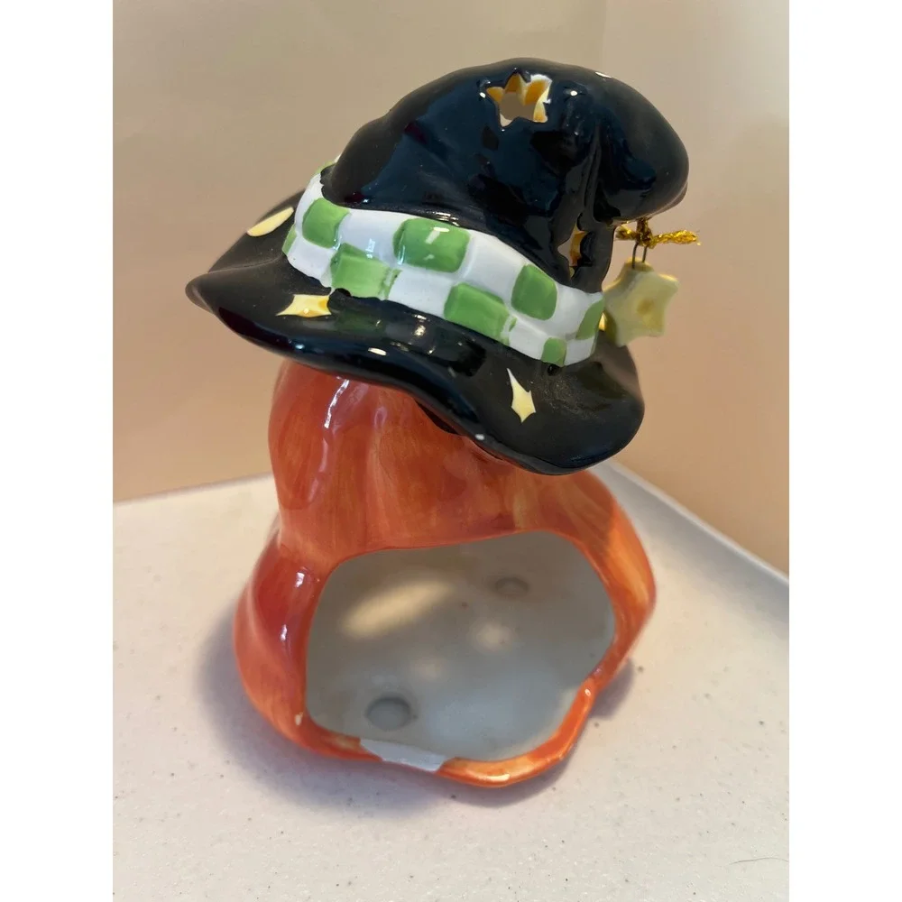 Ceramic Halloween Pumpkin Witch Hat Tea Light Holder Jack-O-Lantern Decor 6in
